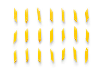 Closeup of a pile of organic penne pasta isolated on a transparent background with shadow from...