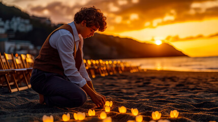 Fototapeta premium Teen worker preparing beach candles at sunset