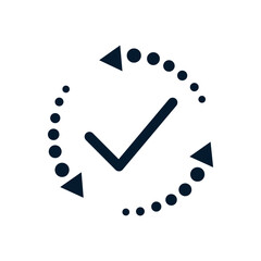 Arrows in a circle, check mark. Concept of convenient payment, replacement, control, confirmation. Vector icon isolated on white background.