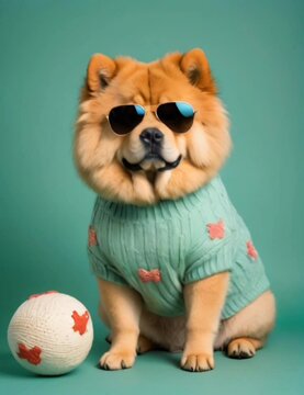Chow Chow dog wearing sunglasses and a sweater on green background