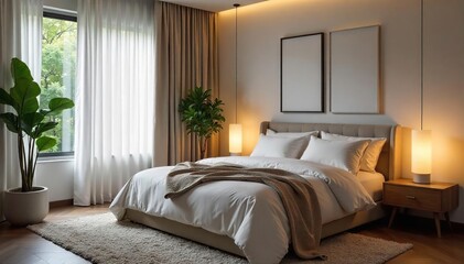 Serene bedroom interior, perfect for restful sleep Soft lighting, plush bedding, and calming decor create a tranquil atmosphere conducive to relaxation and rejuvenation , sleep, minimalist, serene