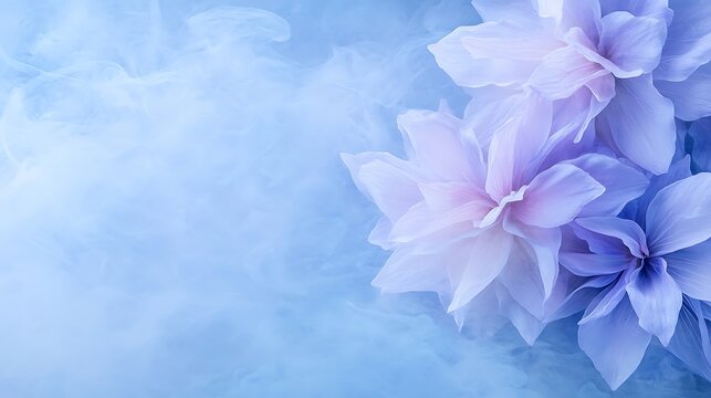 Ethereal pastel flowers against a misty blue background