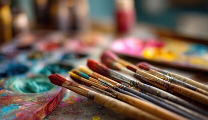 Fototapeta premium Paintbrushes and artist palette on table