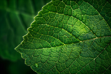 Fototapeta premium Green leaf close up, green natural background. Macro photo of a plant leaf, veins on the leaf, leaf texture.