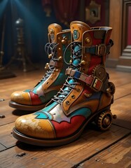 Steampunk Fantasy Boots: Colorful, Ornate, and Gear-Adorned Footwear on Wooden Floor