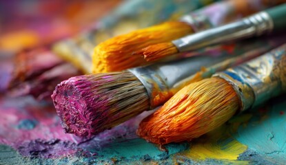 Fototapeta premium Paintbrushes with colorful paint close up art