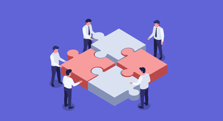 Collaborative Teamwork Four Professionals Assembling a Large Puzzle