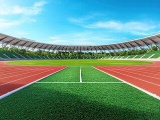 Obraz premium A Modern Athletic Stadium with a Bright Blue Sky and Green Grass Field for Track and Field Events