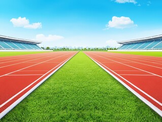Fototapeta premium Empty Athletic Track with Green Grass and Clear Blue Sky under Bright Sunlight at Sport Stadium