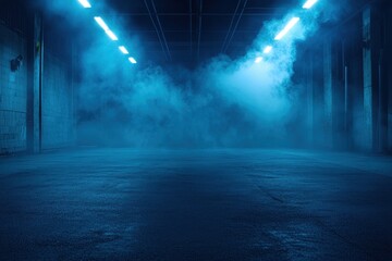 Dark empty street with fog creating an eerie atmosphere under fluorescent lights at night, illuminated by a dark blue backdrop
