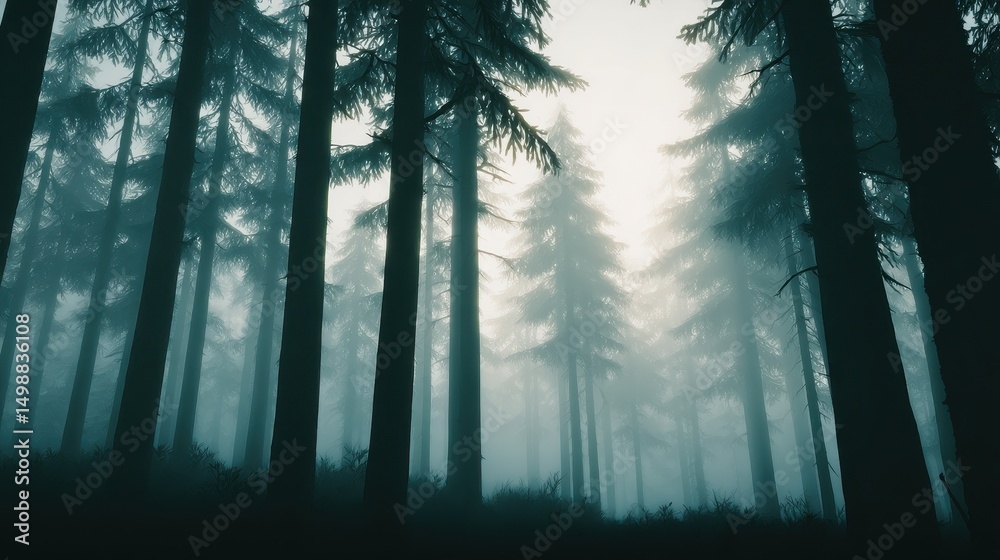 Wall mural misty forest landscape with tall trees and fog creating a serene and mysterious atmosphere