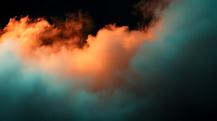 Obraz premium Dramatic, vibrant clouds with fiery orange and cool teal hues creating an abstract, textured, and atmospheric smoke-like backdrop against a dark sky, evoking mystery