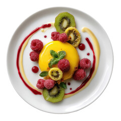 Delicious Mango Mousse Dessert with Raspberries and Kiwi Slices A Gourmet Culinary Delight