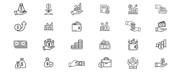 Set of line icon related to income, salary, money, business. Outline icon collection. Vector illustration