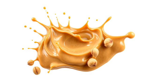 A splash of peanut butter with a sprinkle of peanuts isolated on transparent background