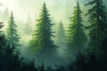 Fog envelops a vibrant green pine forest creating a mystical atmosphere during early morning hours