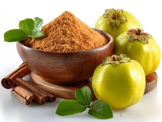 A wooden bowl brimming with quince powder sits beside three ripe quinces and cinnamon sticks on a white background.