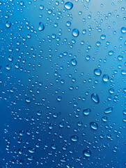 Transparent water drops on a light blue background. Spray. Fresh and cool. Blue background, texture. Vertical photo.