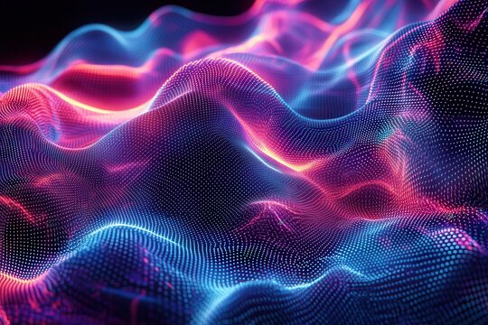 Futuristic abstract design showcasing dynamic waves of light and color in a mesmerizing digital landscape