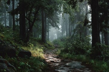 Obraz premium Rainy Forest Path: Moody Green Landscape