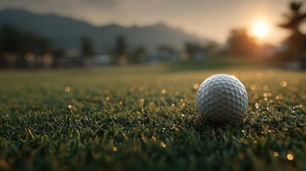 Golf ball resting on lush green grass with a picturesque sunrise backdrop