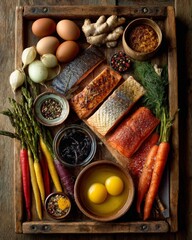 Salmon with Colorful Vegetables and Eggs on Wooden Tray