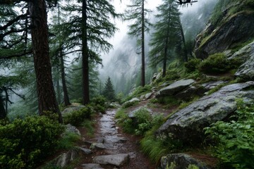 Fototapeta premium Rainy Mountain Path Through Lush Green Forest