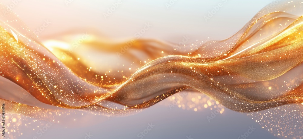 Poster golden flowing waves with sparkling particles creating a dreamy abstract background