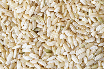 Full frame close up flat lay texture of brown rice for food and nutrition background healthy eating and cooking concept with copy space pattern of organic grains.
