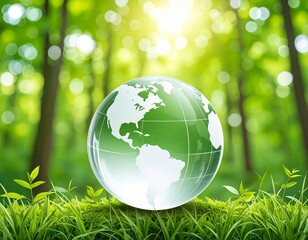 Crystal earth globe on green forest background. Environment day, save clean planet, ecology concept