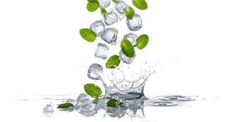 A refreshing shot of mint leaves and crushed ice dynamically tumbling in a shallow water splash against a clean white background. Perfect for beverage, freshness, and culinary themes. © Slamat