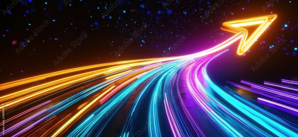 Poster dynamic neon arrow with colorful light trails representing progress and direction