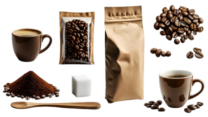 Coffee beans and powder with cup and sugar