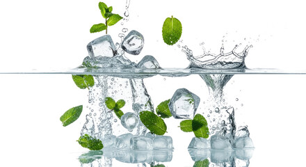 A refreshing shot of mint leaves and crushed ice dynamically tumbling in a shallow water splash against a clean white background. Perfect for beverage, freshness, and culinary themes. © Slamat