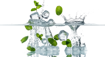 A refreshing shot of mint leaves and crushed ice dynamically tumbling in a shallow water splash against a clean white background. Perfect for beverage, freshness, and culinary themes.