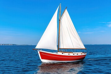 Red and White Sailboat on a Calm Blue Sea Under a Clear Sky