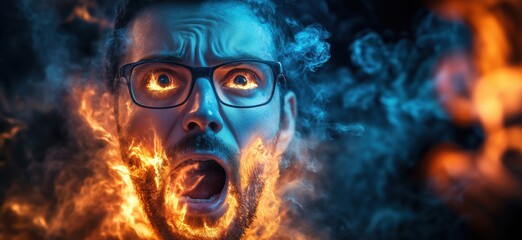Obraz premium Intense portrait of man with fiery effects and blue smoke background