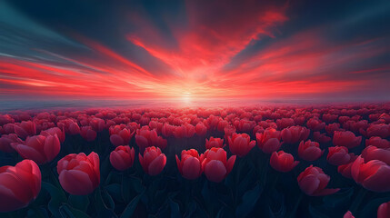 Red Tulips Field at Vibrant Sunset