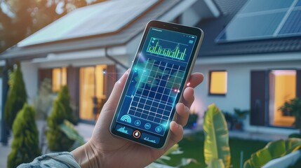 Person holding smartphone showing energy consumption graphs in front of modern home with solar panels