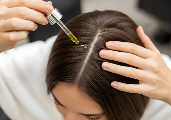 Professional hair treatment with essential oil serum application using dropper pipette on woman's scalp, close-up of hands applying nourishing hair care product for healthy growth and restoration