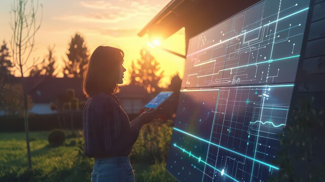Woman using tablet near solar panels at sunset with digital overlay on a sunny day outside home - Powered by Adobe