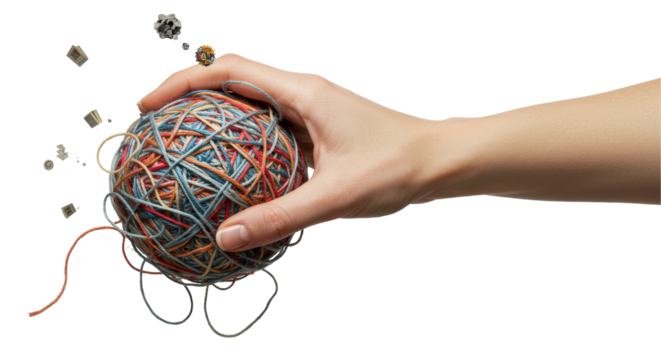 Hand holding a colorful ball of twine Bits of data float nearby