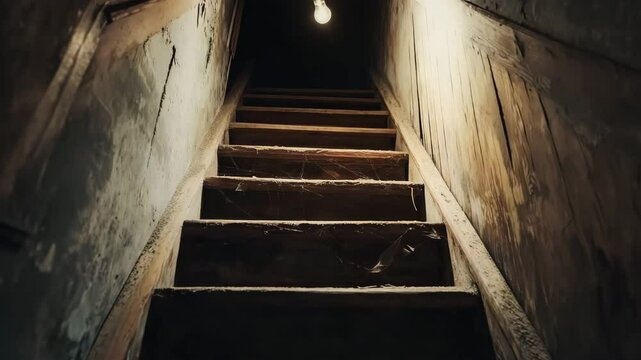 Dimly lit staircase, leading to unknown space. Old wooden steps. Cobwebs eerie charm. Single light bulb casts warm glow, blinking. Scary stairs to attic or basement.