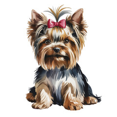 Watercolor Illustration of a Yorkshire Terrier Puppy with a Red Bow