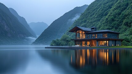 Fototapeta premium Lakeside modern home at twilight