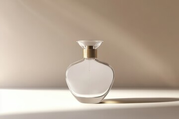 Mockup of an empty blank perfume bottle set against a minimalist backdrop highlighting its elegant design and clear glass structure in natural light