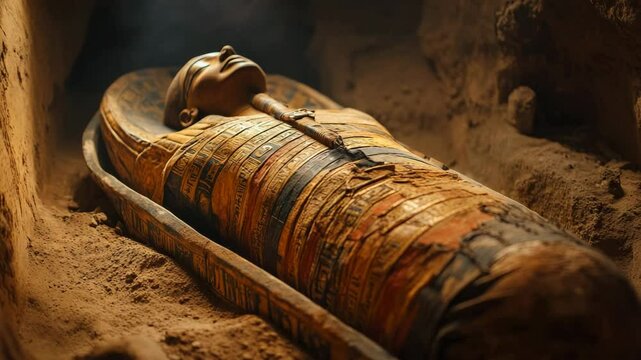 Egyptian sarcophagus lies undisturbed in tomb. Hieroglyphs and colorful patterns, past. Artifact, historical significance. Atmosphere mystery, reverence. Archaeology, rich legacy ancient civilizations