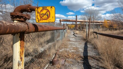 Rusty Pipeline of Disuse: A stark image revealing the remnants of an abandoned industrial site, with corroded pipes and a cautionary sign under a vast sky