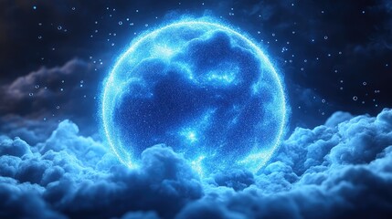 Blue energy sphere above clouds, night sky