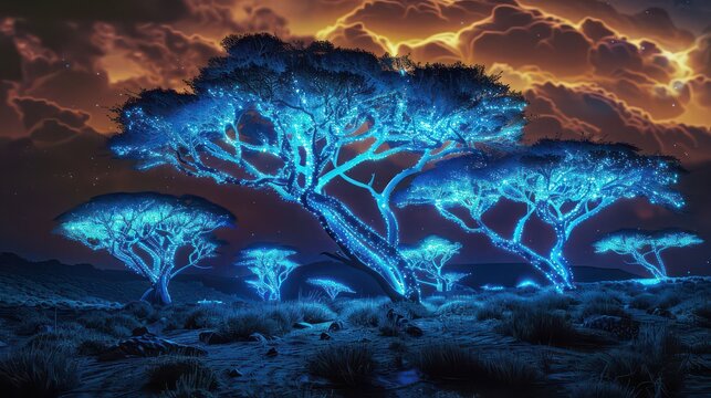 A group of glowing blue trees in a field under a cloudy sky at night with a fantasy atmosphere look
